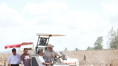 Presiden Prabowo Subianto langsung mengendarai mesin pemanen jagung saat menghadiri panen raya jagung kuartal II di Dusun Kandasan, Desa Bange, Kecamatan Sanggau Ledo, Kabupaten Bengkayang.